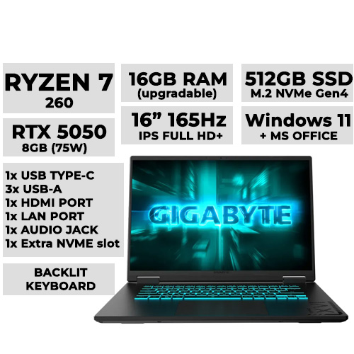 Gigabyte Gaming A16 3THK3PH893SH Laptop 16" 165hz | Ryzen 7 260 | 16GBx1 DDR5 (2 slot) | 512GB NVMe | RTX 5050 8GB